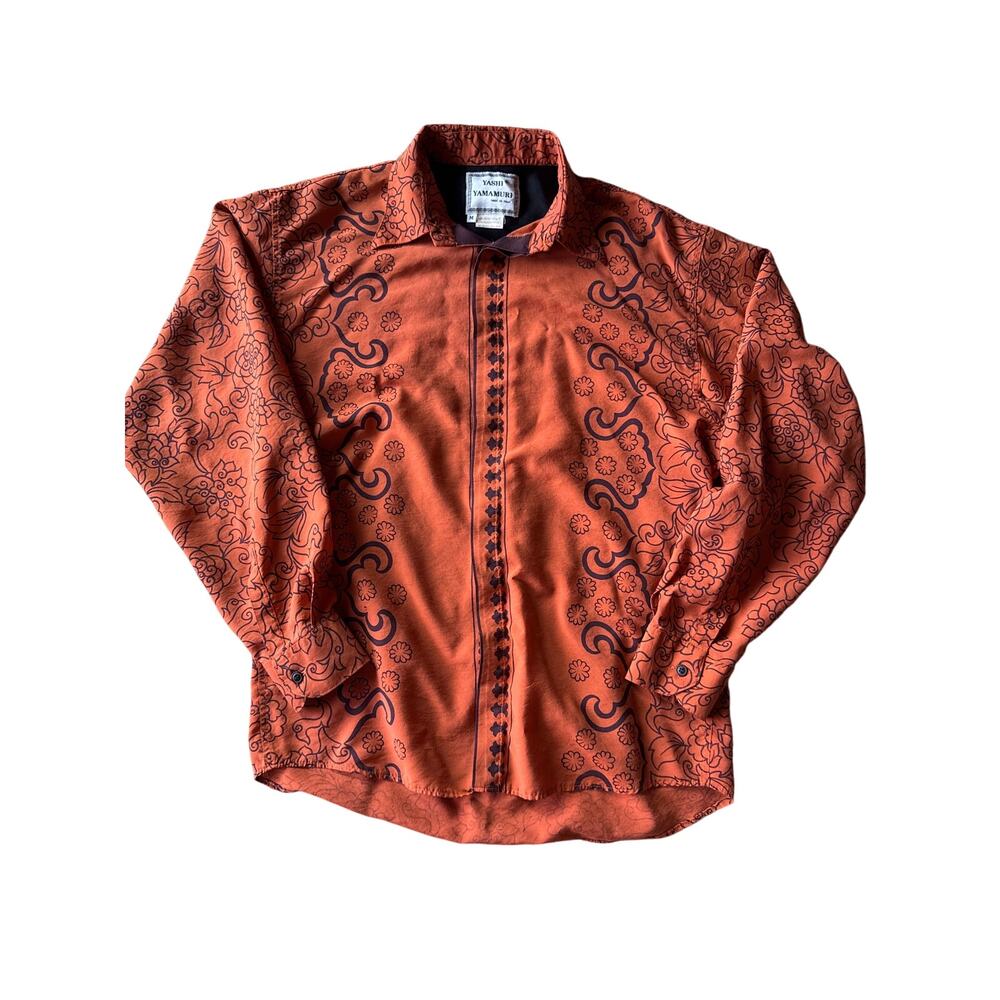 Vintage Yashi Yamamuri Medium Made in Italy Orange Maroon Bold AOP Button Up
